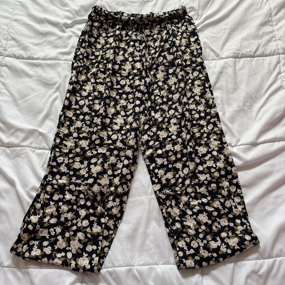 Vintage 90s Womens Blue Floral Roses Pants Drawstring Boho Chic Hippie Whimsy